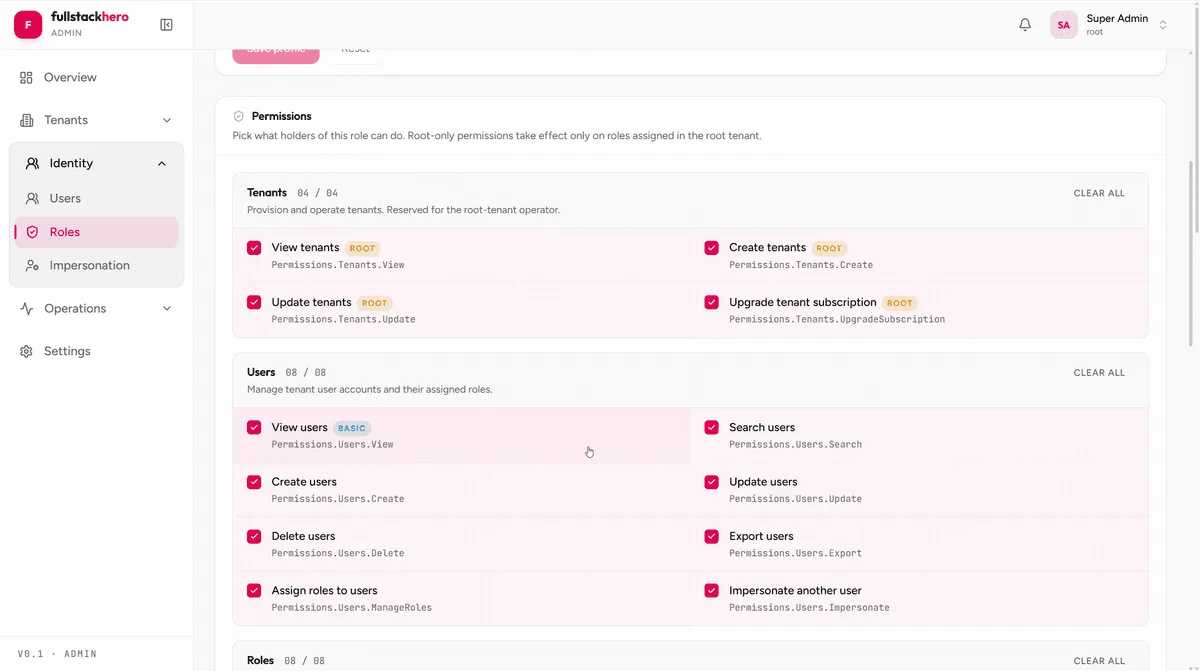 The role editor - granular, module-grouped permissions that match what the API enforces FullStackHero admin console role editor showing the granular permission catalog grouped by module for tenants and users in the React admin app