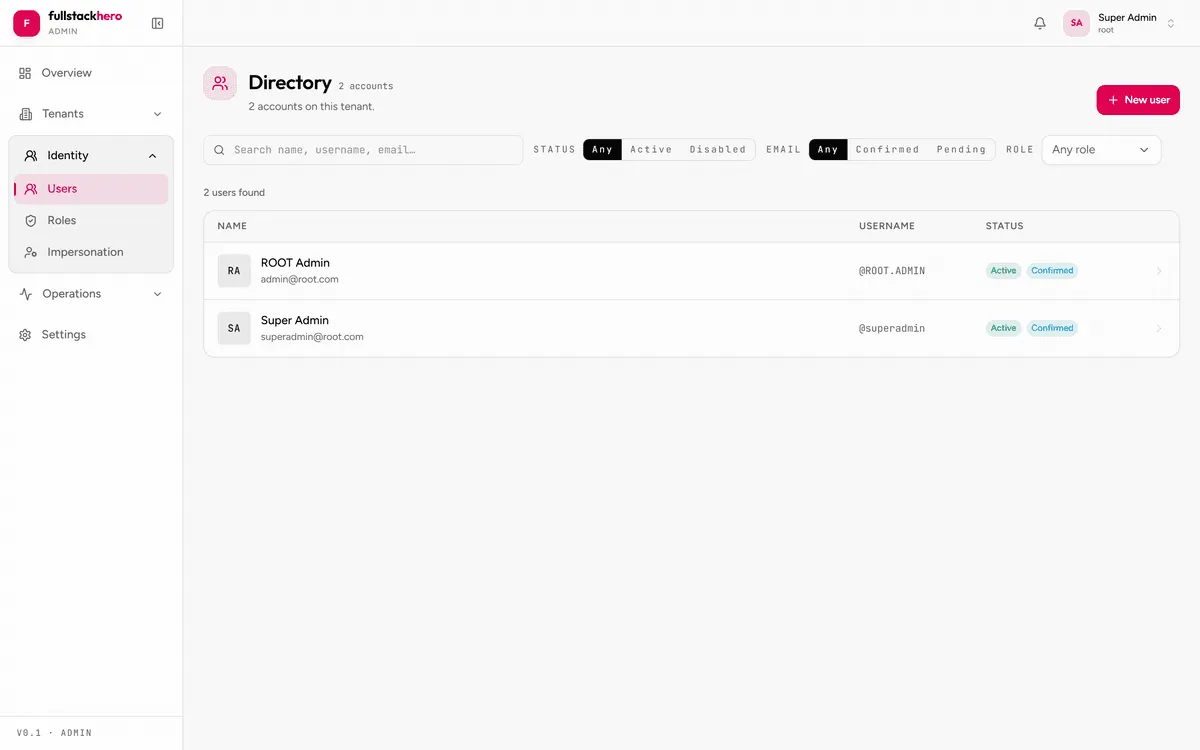 User management in the admin console FullStackHero admin console user management list showing tenant users, their roles, and account status in the React admin app