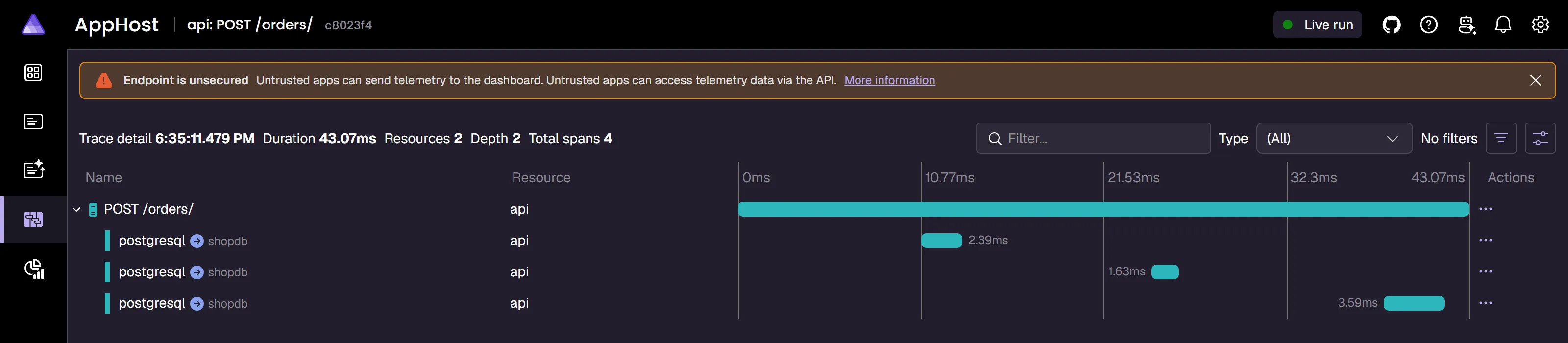 Aspire dashboard trace detail for a POST orders request showing the HTTP span and three PostgreSQL query spans with their durations