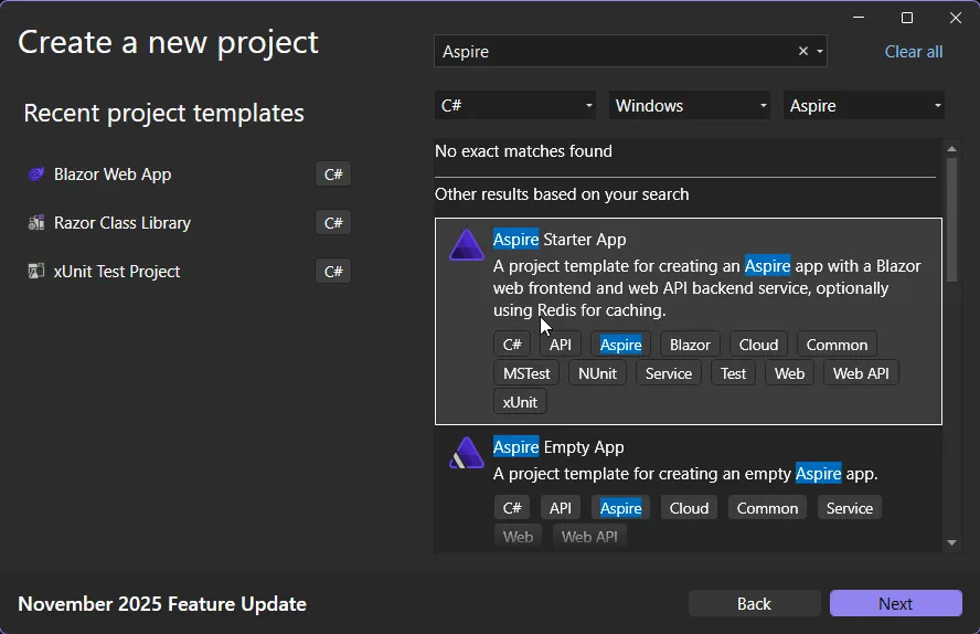.NET Aspire project template in Visual Studio .NET Aspire project template selection in Visual Studio 2026