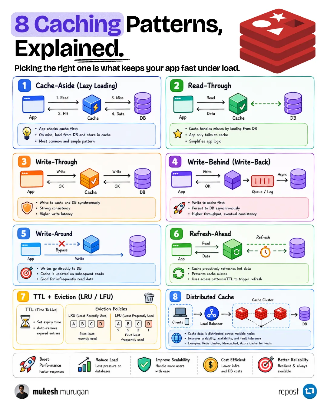 8 caching patterns, explained 8 common caching patterns explained, including cache-aside, read-through, write-through, and stampede protection