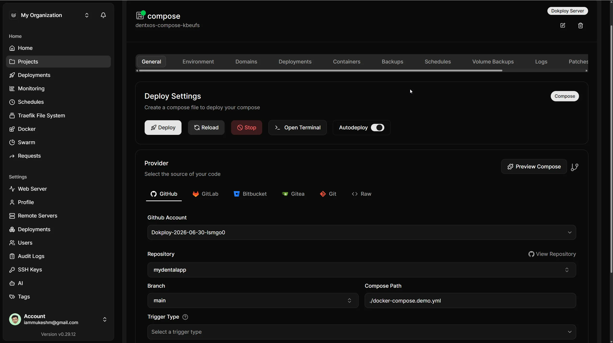 The Compose service's General tab: deploy controls on top, GitHub source, branch, and the Compose Path below Dokploy Compose service settings showing the deploy controls, GitHub as the source provider, the repository, the main branch, and the compose path