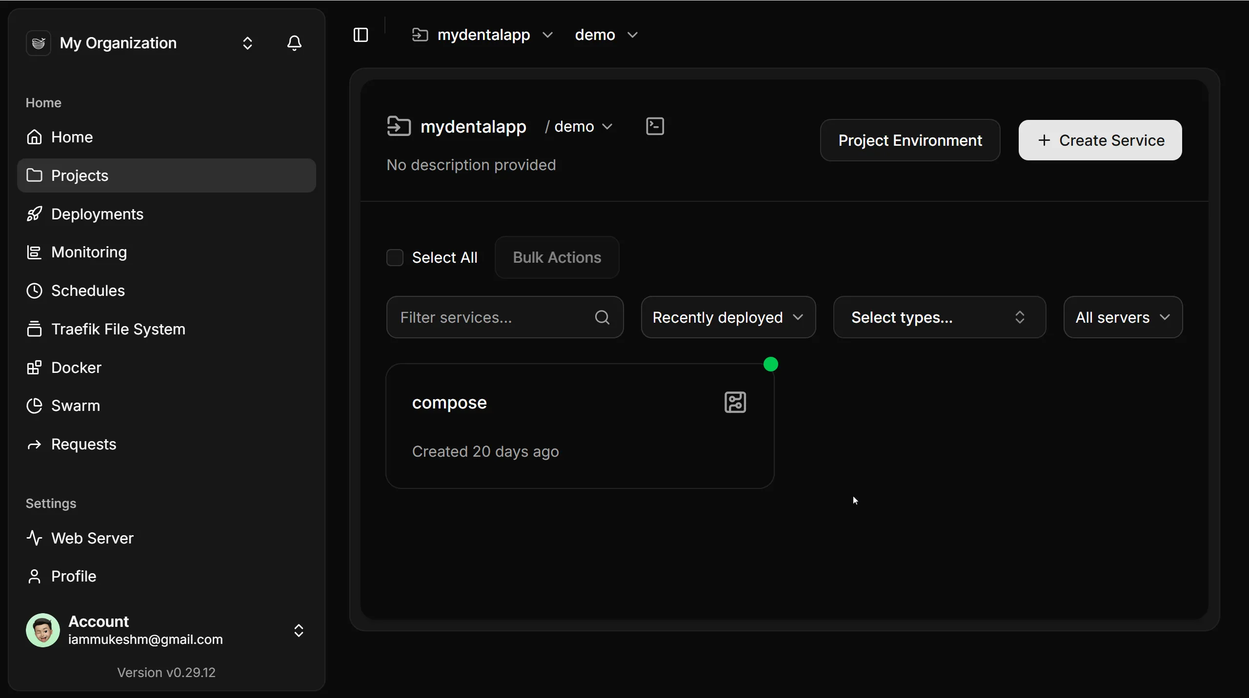 The demo environment of my project. I later collapsed everything into a single Compose service named compose - more on that below Dokploy project view for the demo environment showing the Create Service button and a deployed service named compose