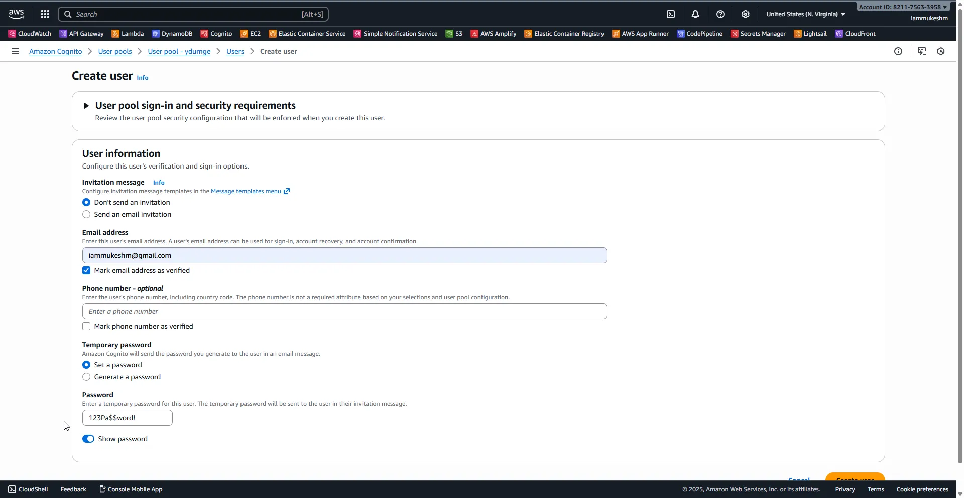 Create test user in Cognito Create test user in Cognito