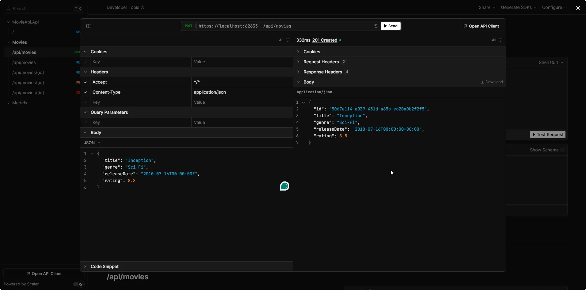 Testing POST Movie Create Operation in Scalar API Documentation with EF Core POST /api/movies endpoint in Scalar UI interface ready to create new movie entity with JSON request body containing title genre releaseDate rating fields for Entity Framework Core PostgreSQL