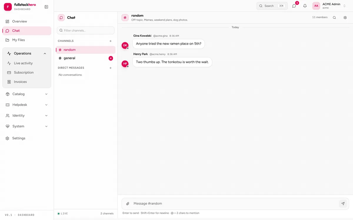 The Chat module - channels and DMs with live SignalR delivery FullStackHero dashboard chat module showing channels, direct messages, and live message delivery over SignalR in the React tenant app