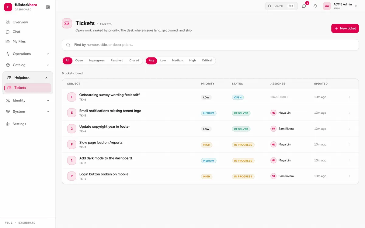 The Tickets module - a complete helpdesk with lifecycle and assignment FullStackHero dashboard Tickets module showing a helpdesk ticket list with priority, status, and assignee columns in the React tenant app