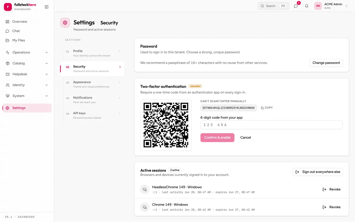 Two-factor authentication setup in the tenant dashboard FullStackHero dashboard two-factor authentication setup screen with a QR code and verification step in the React tenant app