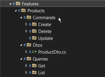 Feature Folder Structure for CQRS with MediatR Feature folder structure showing Products organized into Commands, Queries, DTOs, and Notifications subfolders following Vertical Slice Architecture