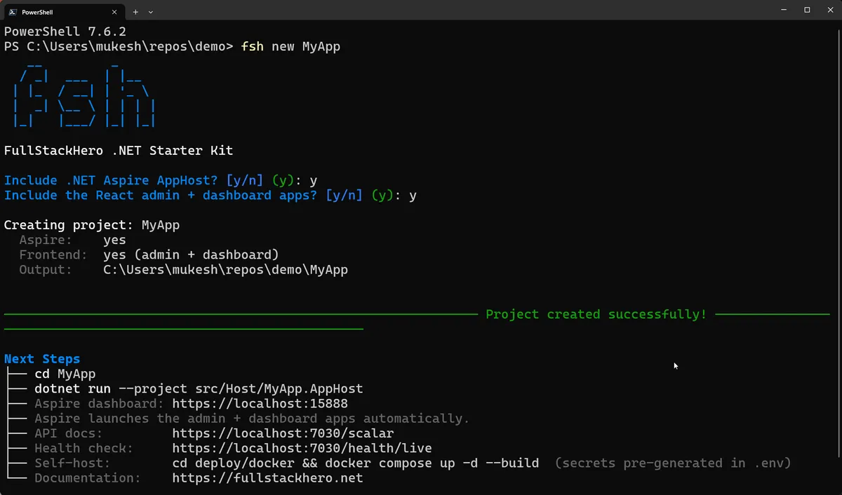 fsh new scaffolds a fully renamed project in one command fsh new interactive scaffolding wizard creating a renamed FullStackHero project named MyApp with Aspire and the React admin and dashboard apps in PowerShell