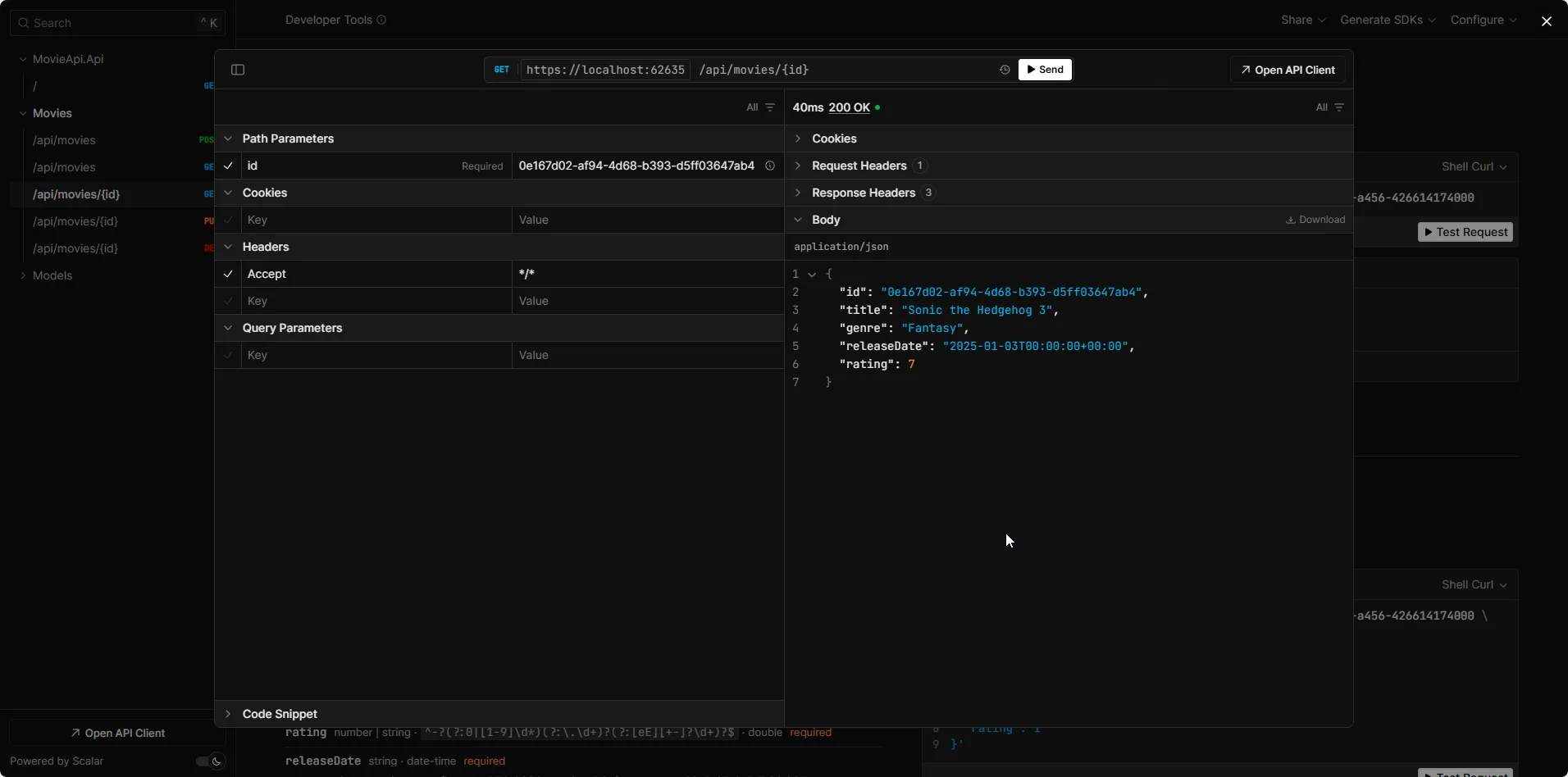 Successful GET All Movies Response with Seed Data from PostgreSQL via EF Core GET /api/movies API response displaying movie data successfully retrieved from PostgreSQL database using Entity Framework Core 10 with seeded movie entity including title genre rating releaseDate timestamps