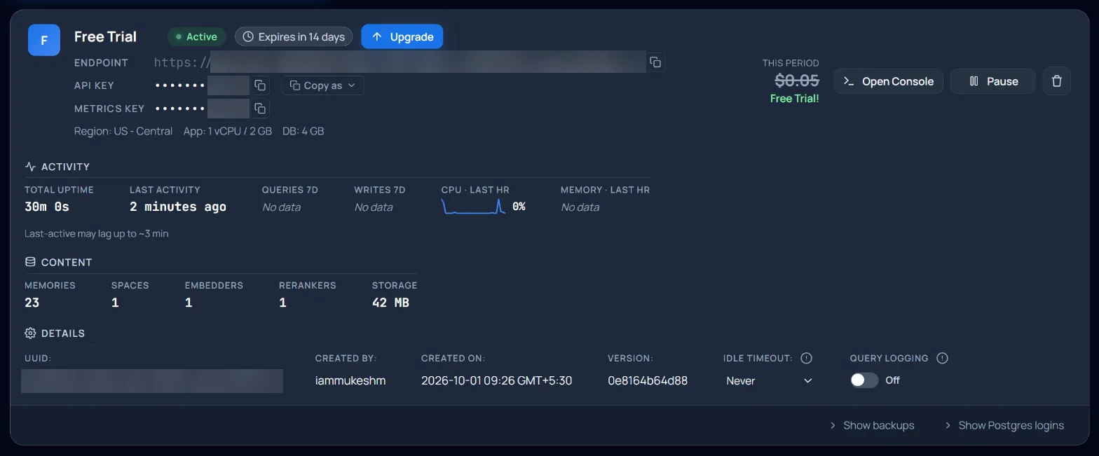 The trial instance in the GoodMem Cloud dashboard, where you find its endpoint and API key GoodMem Cloud dashboard showing the Free Trial instance as active, with its endpoint and API key hidden, the region and the counts of memories, spaces, embedders and rerankers