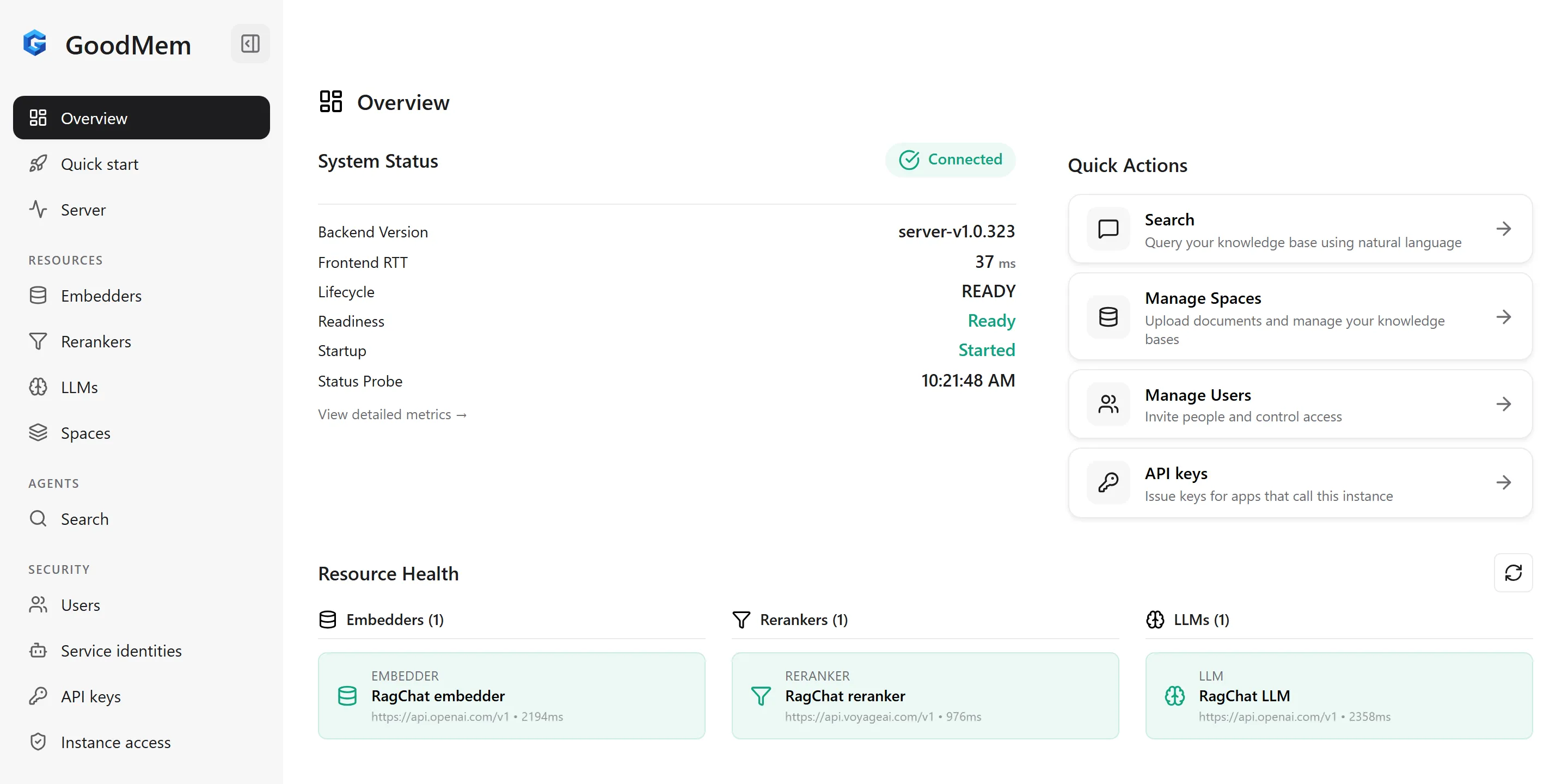 The GoodMem console after the setup has run, with the embedder, the reranker and the LLM registered GoodMem web console overview page showing the server as connected and ready, with the RagChat embedder, reranker and LLM listed under resource health