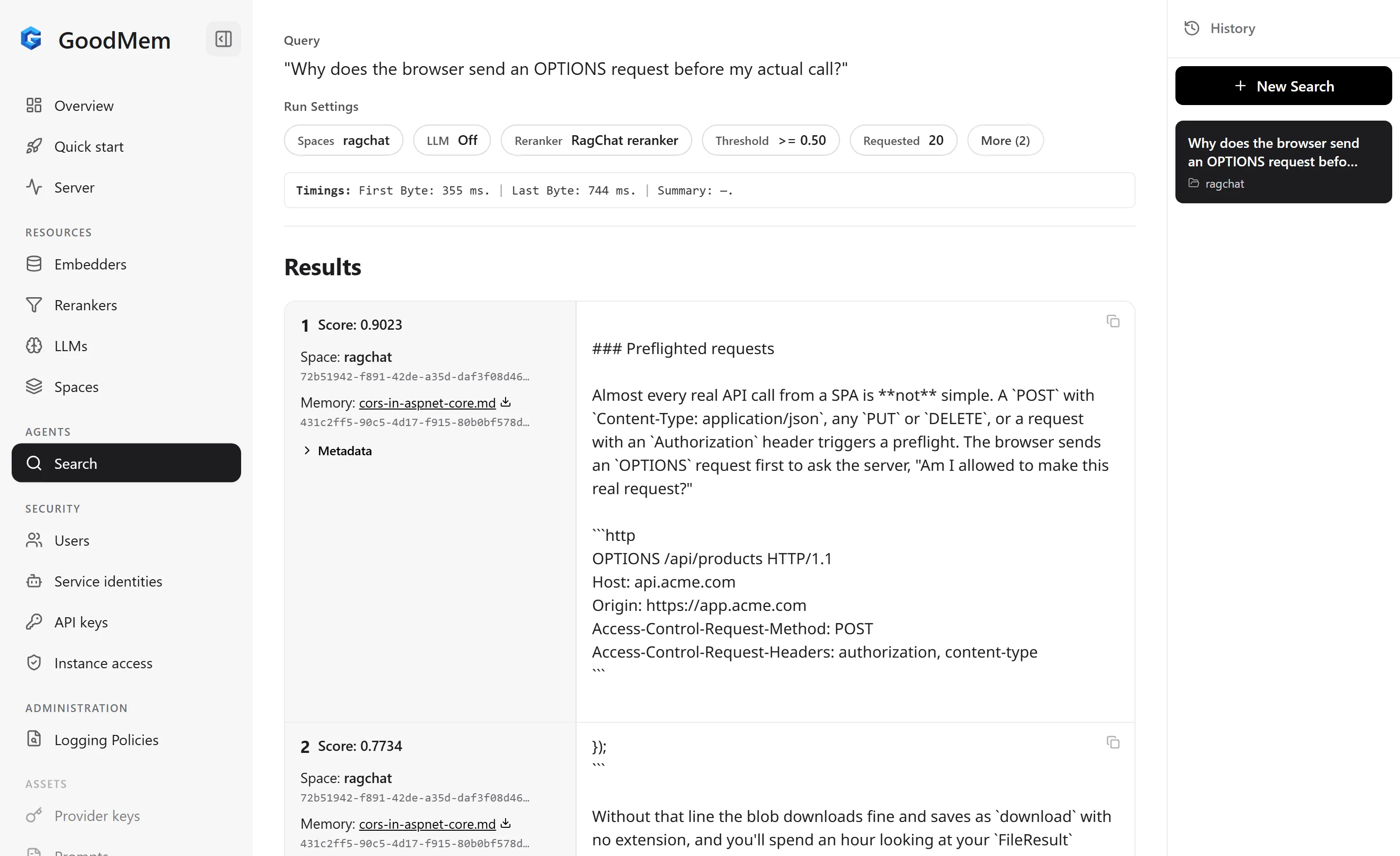 The same question in the GoodMem console with the reranker on, where both top results are chunks of the CORS article GoodMem console Search page with the reranker selected, showing two results from the CORS article with scores 0.9023 and 0.7734 for a question about the OPTIONS request