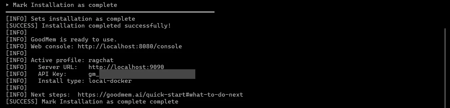 The end of the installer output, with the web console address, the server URL and the API key Windows Terminal showing the end of the GoodMem installer output with the web console address, the active profile ragchat, the server URL and the API key that starts with gm_