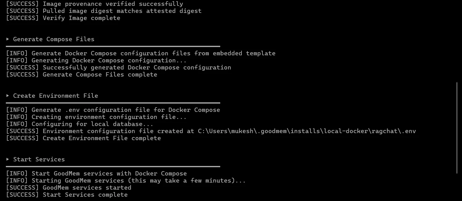 The installer verifying the image provenance and starting the services Windows Terminal showing the GoodMem installer output with the lines Image provenance verified successfully and GoodMem services started