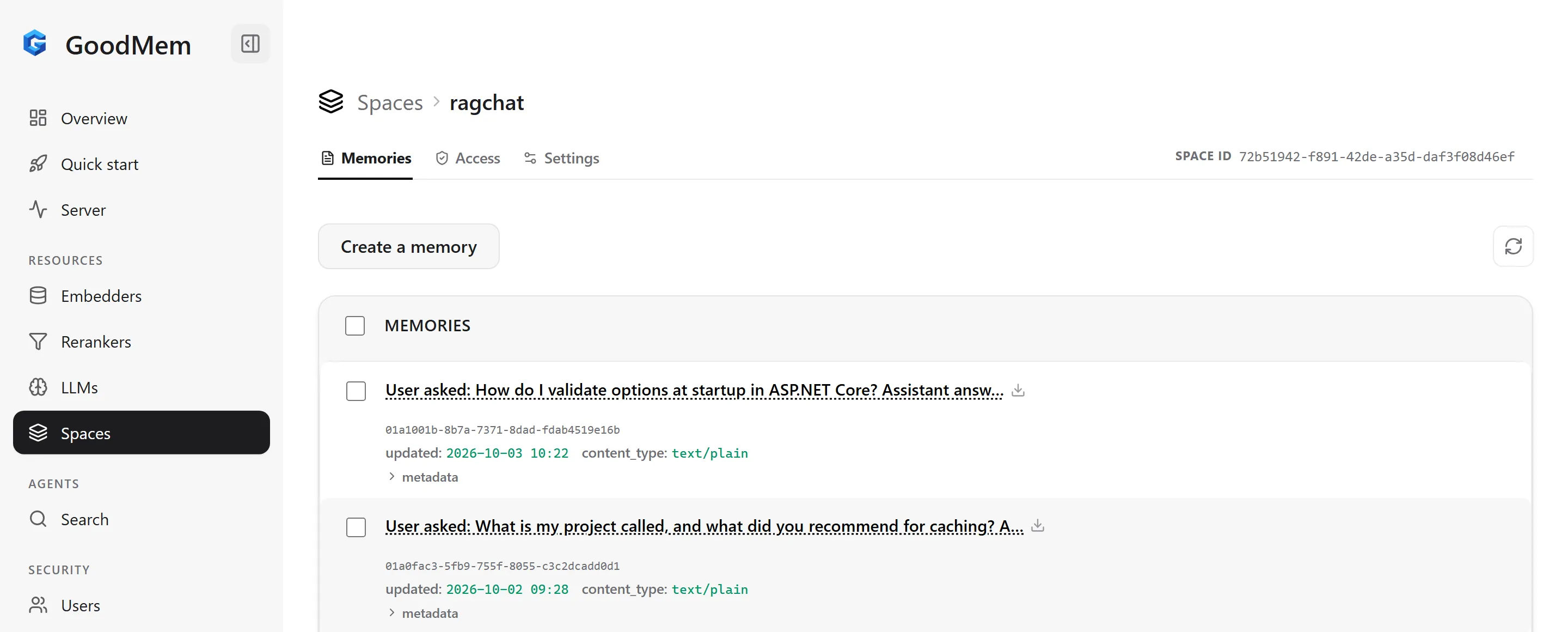 Each conversation turn is stored as a memory in the ragchat space GoodMem console showing the memories of the ragchat space, where each conversation turn is stored as a text memory that starts with User asked