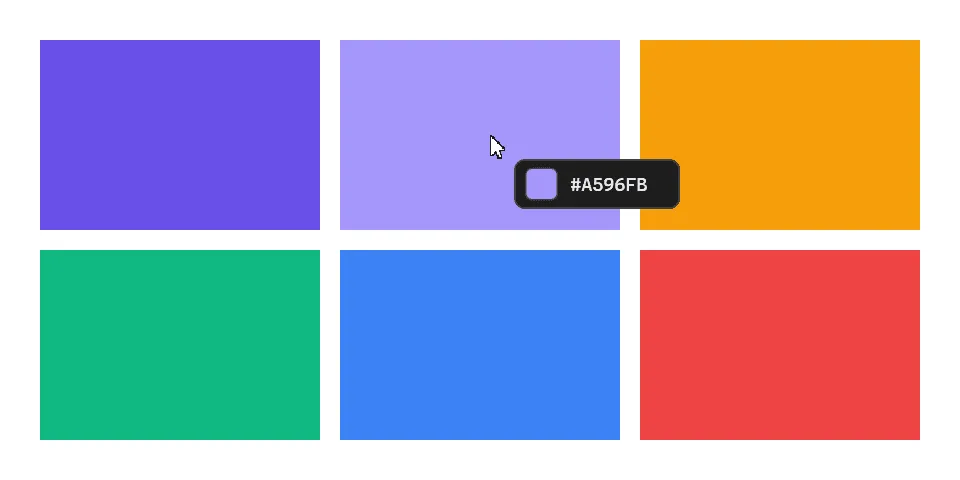 hexgrab overlay on Windows 11 showing #A596FB next to the cursor while it hovers over a light purple swatch in a color palette