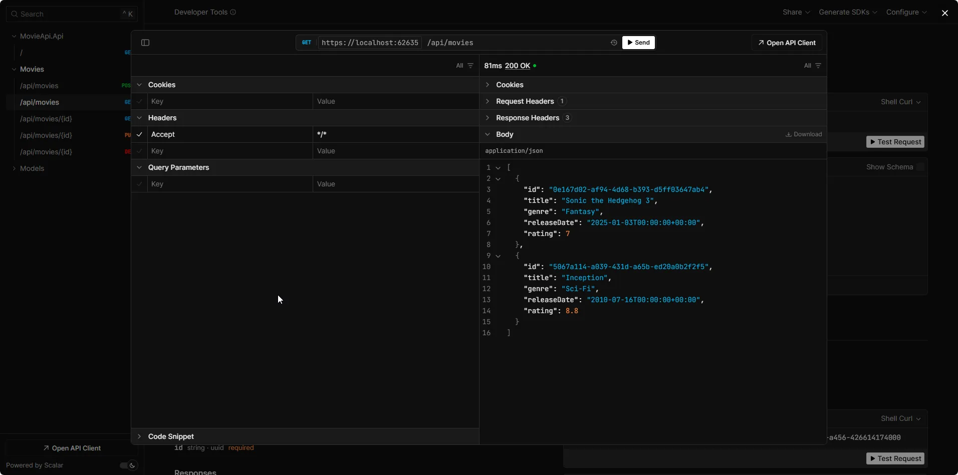 List All Movies Response Showing Seed Data and New Movie Entry from PostgreSQL GET /api/movies endpoint returning complete list of all movie entities including both seeded data and newly created movie entry retrieved from PostgreSQL database using Entity Framework Core 10 AsNoTracking query