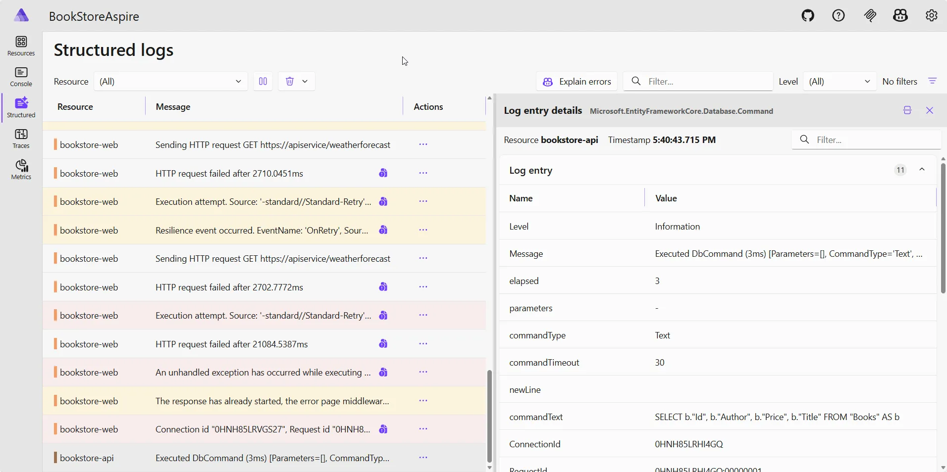 .NET Aspire structured logs .NET Aspire structured logging with OpenTelemetry showing correlation IDs and log levels