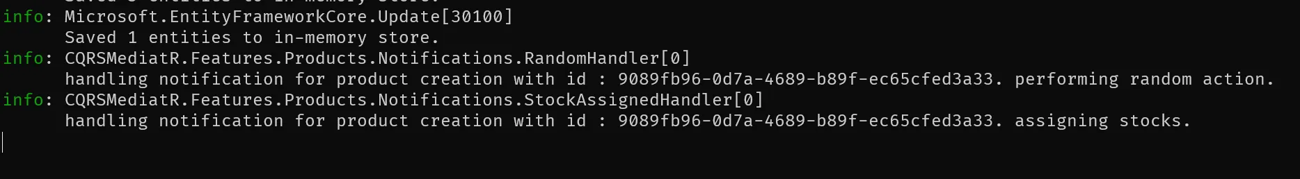 MediatR Notifications - Multiple Handlers Triggered Console output showing two MediatR notification handlers triggered in parallel after a product creation in ASP.NET Core 10