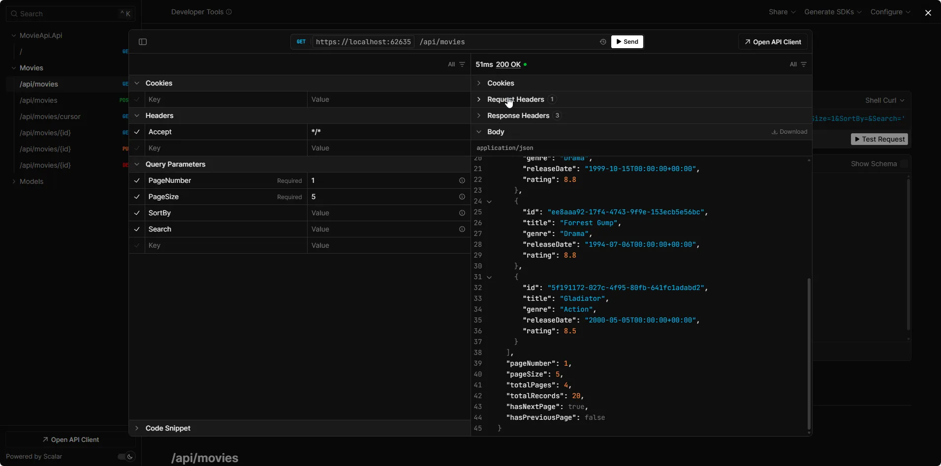 Paginated Response — Page 1 of 4 with 5 Movies Per Page Paginated API response showing first 5 movies with pagination metadata including totalRecords totalPages hasNextPage and hasPreviousPage in ASP.NET Core Web API with EF Core 10
