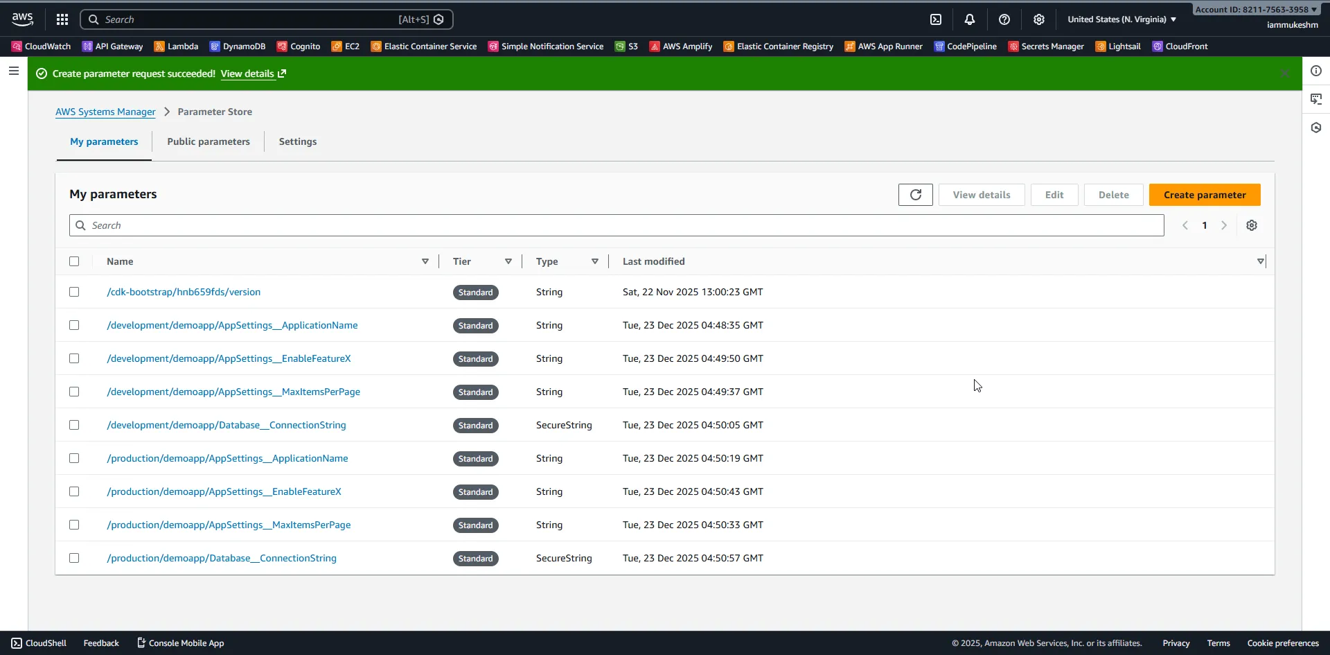 Parameters organized by environment Parameter List