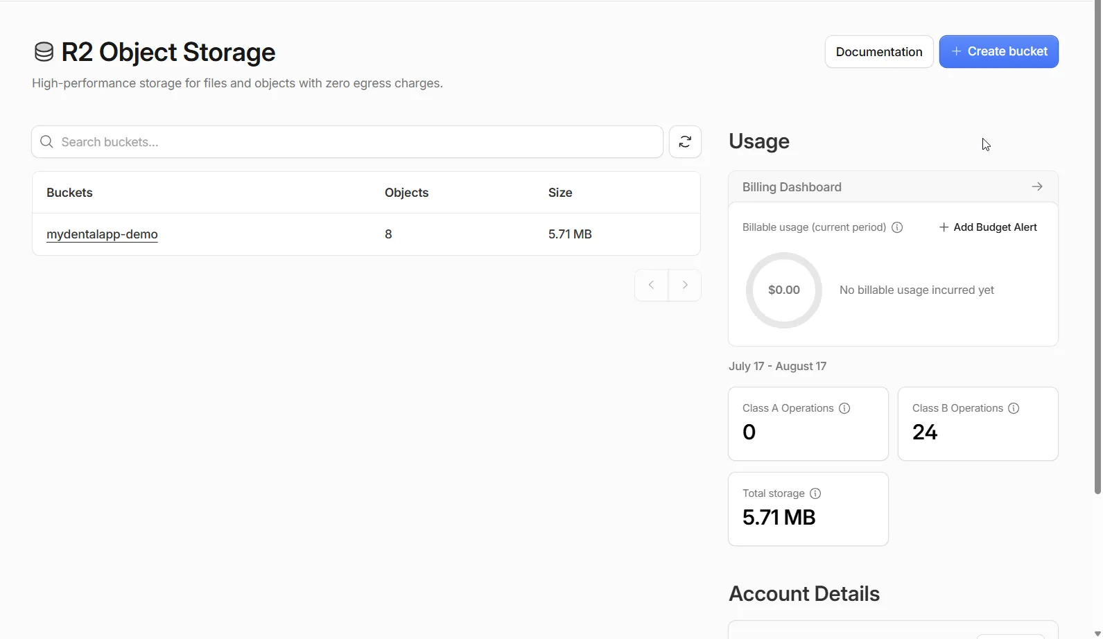 The R2 dashboard with the demo bucket. Note the billing panel: real files stored, zero dollars billed Cloudflare R2 Object Storage dashboard showing the mydentalapp-demo bucket with 8 objects and the usage panel reading zero billable usage