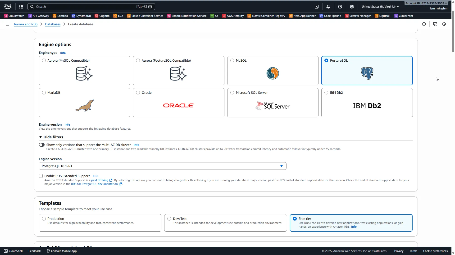 Select PostgreSQL as the engine Create RDS Database - Engine Selection