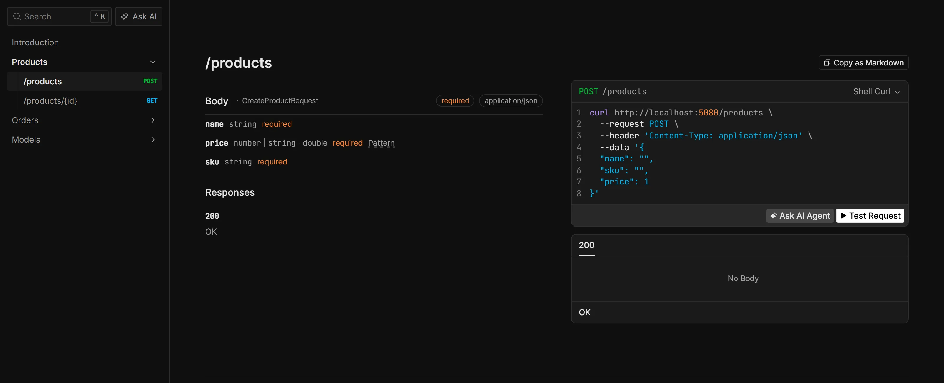 Scalar API reference page for the sample .NET 10 Web API showing the POST products endpoint, its request body fields and a generated curl request