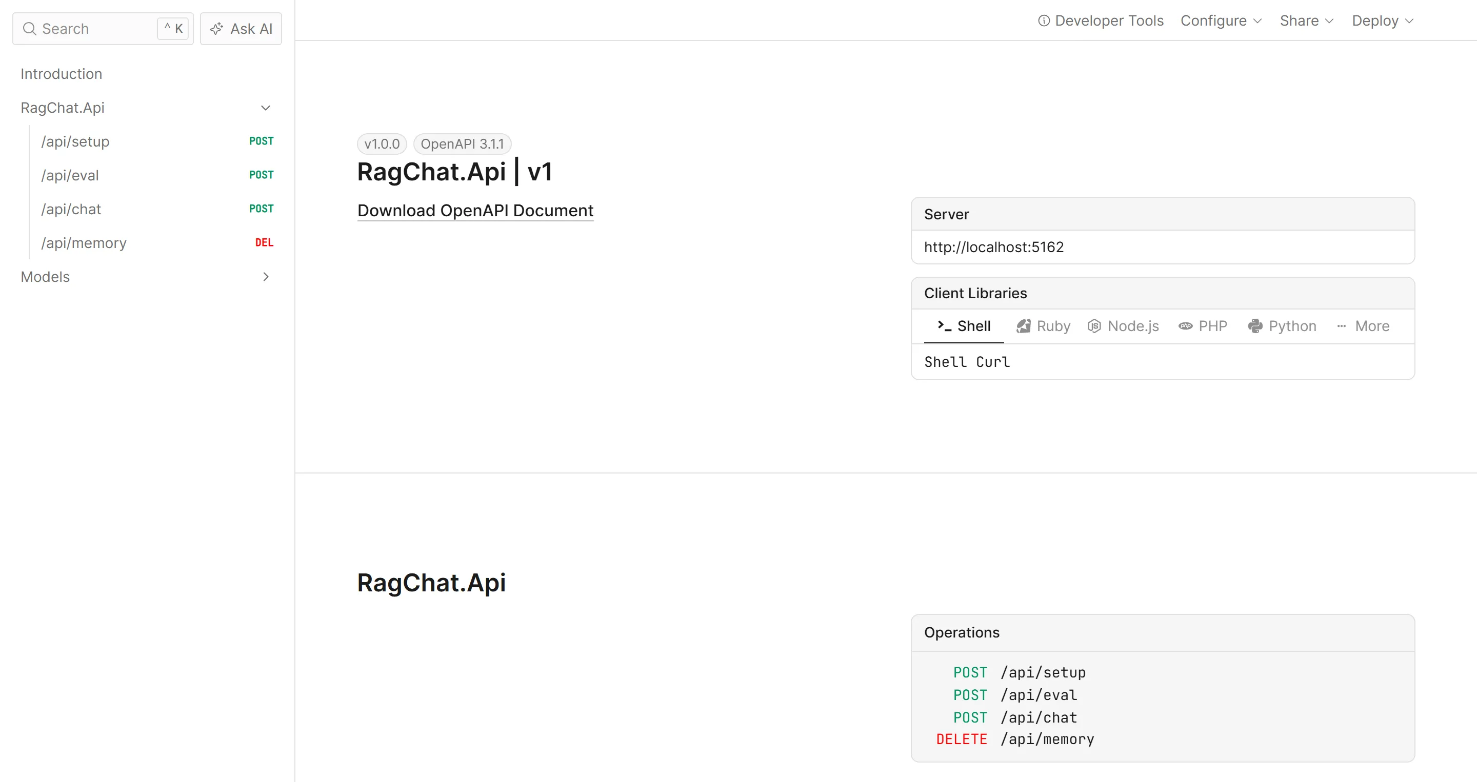 The four endpoints of the API in the Scalar UI Scalar UI for RagChat.Api listing the four endpoints: POST /api/setup, POST /api/eval, POST /api/chat and DELETE /api/memory