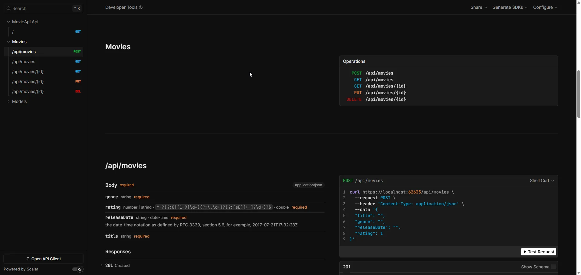 Scalar UI - Modern OpenAPI Documentation Interface for ASP.NET Core 10 Scalar API documentation interface displaying ASP.NET Core 10 Web API CRUD endpoints with interactive testing tools for Entity Framework Core PostgreSQL movie operations including GET POST PUT DELETE methods