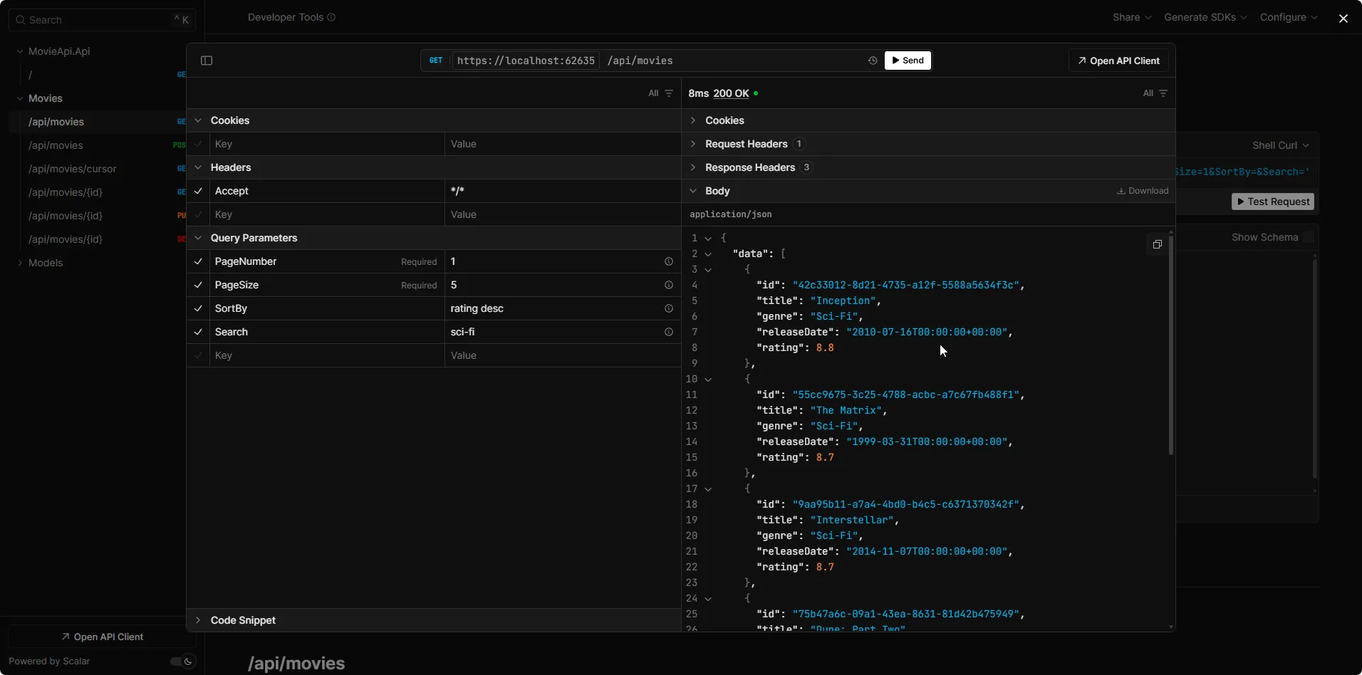 Combined Search, Sort & Pagination — Sci-Fi Movies by Rating Search and sort API response showing sci-fi movies sorted by rating with pagination metadata in ASP.NET Core Web API using EF Core 10 PostgreSQL ILike case-insensitive search