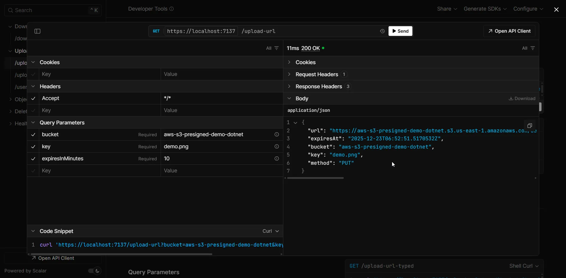 Generating a presigned upload URL Generate Upload URL